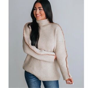 Listicle Ribbed Mock Neck Contrast Stitch Sweater
